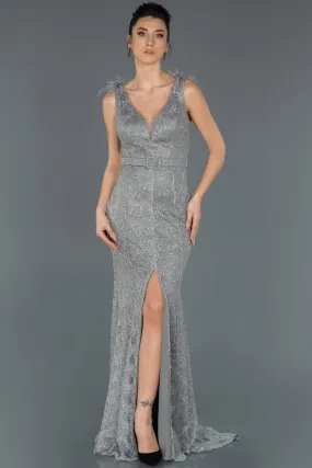 16693 Grey Belt Sequined Lace Slit Dress