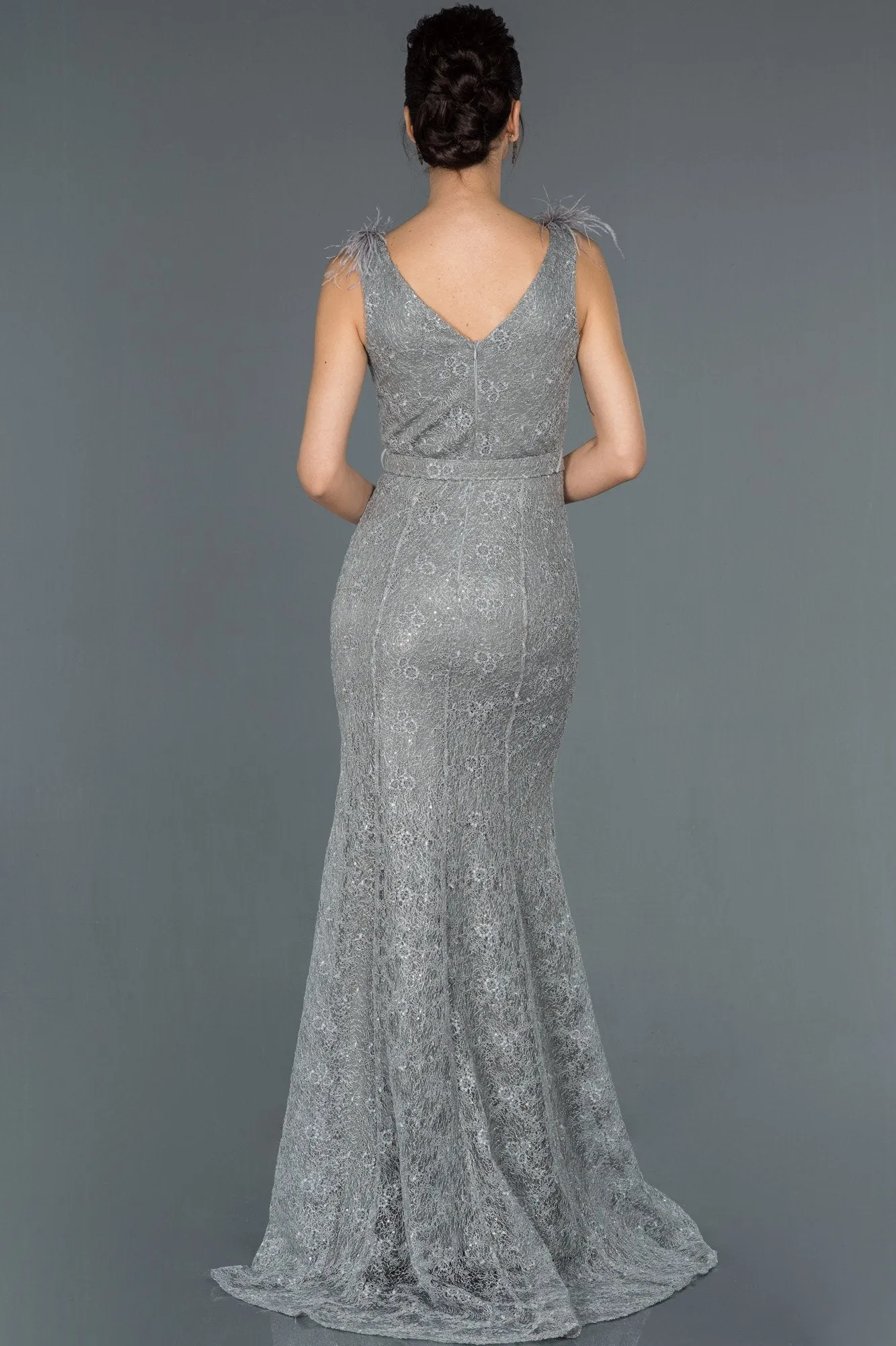 16693 Grey Belt Sequined Lace Slit Dress