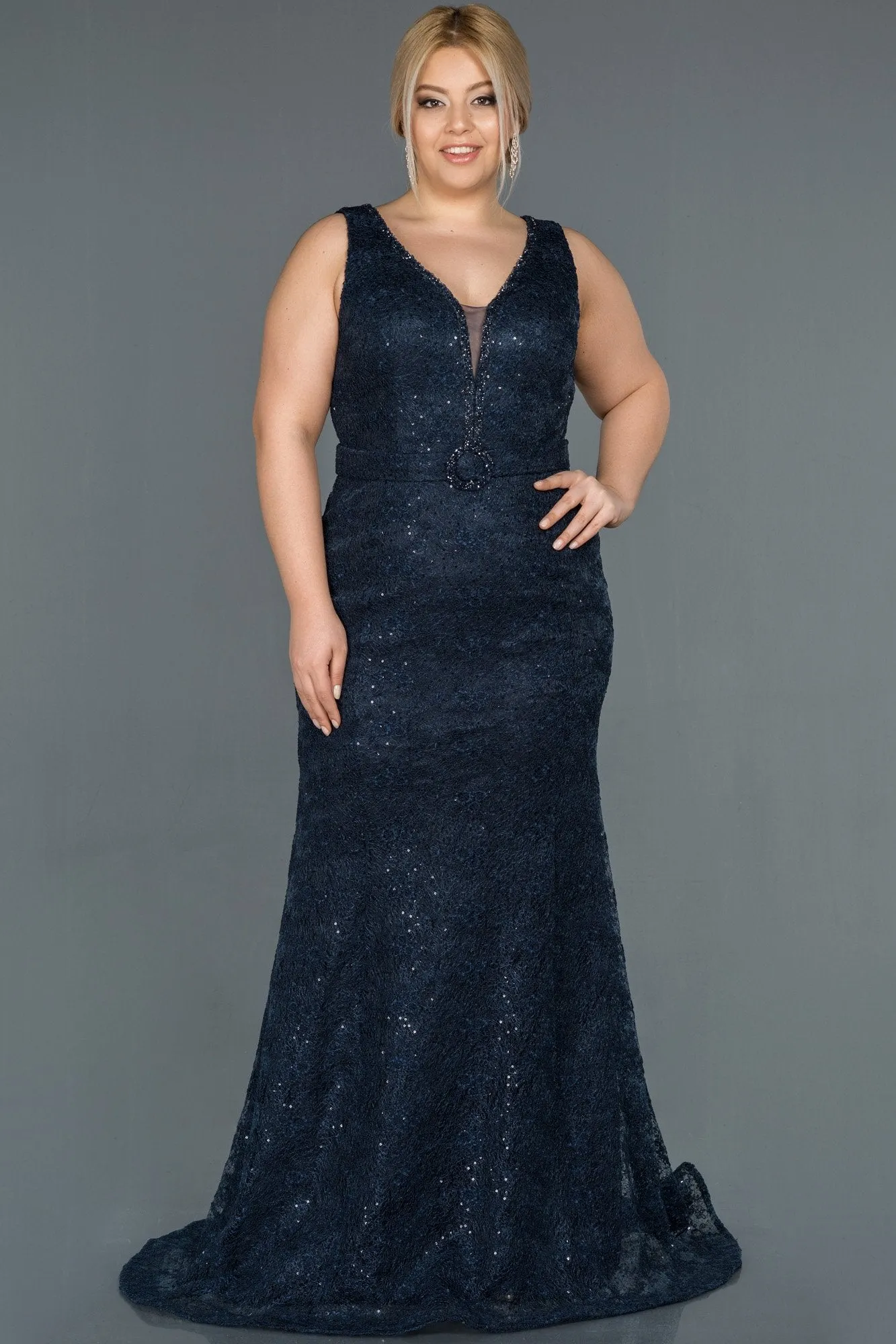 16732 Navy Blue Shimmer Belt Lace Dress