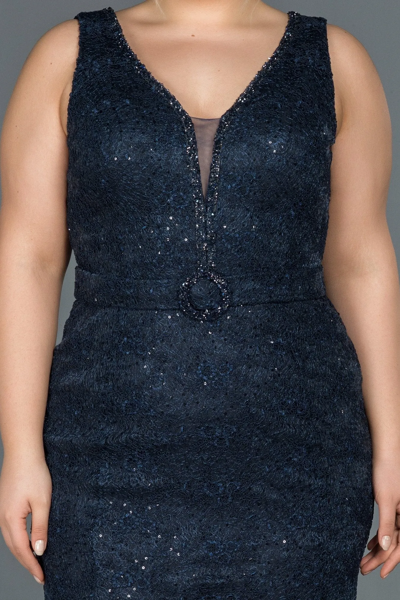 16732 Navy Blue Shimmer Belt Lace Dress