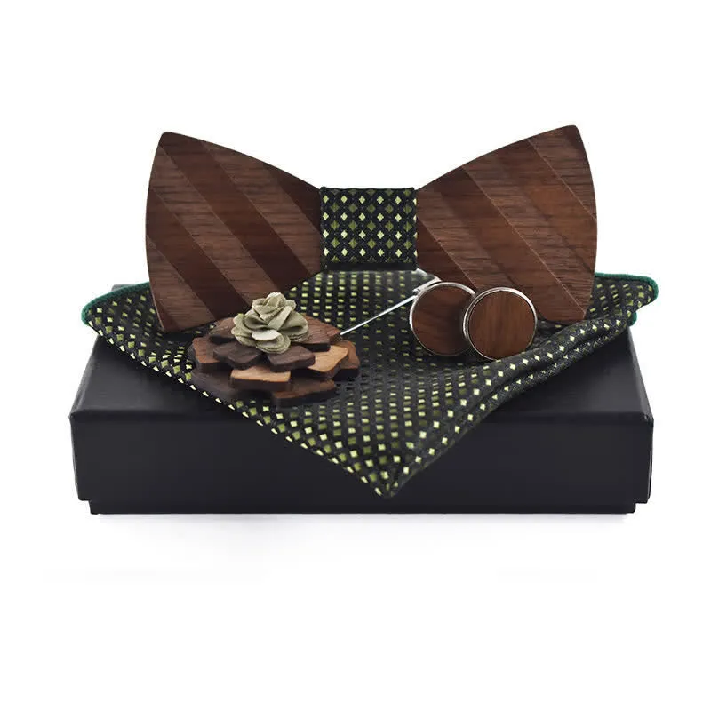 4Pcs Men's Formal Striped Pattern Wooden Bow Tie Set