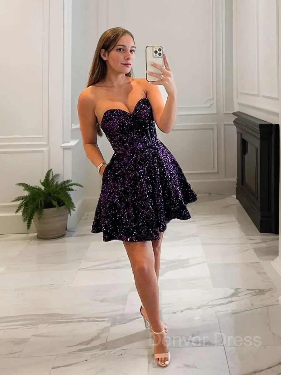 A-Line Sweetheart Short Velvet Sequins Homecoming Dresses