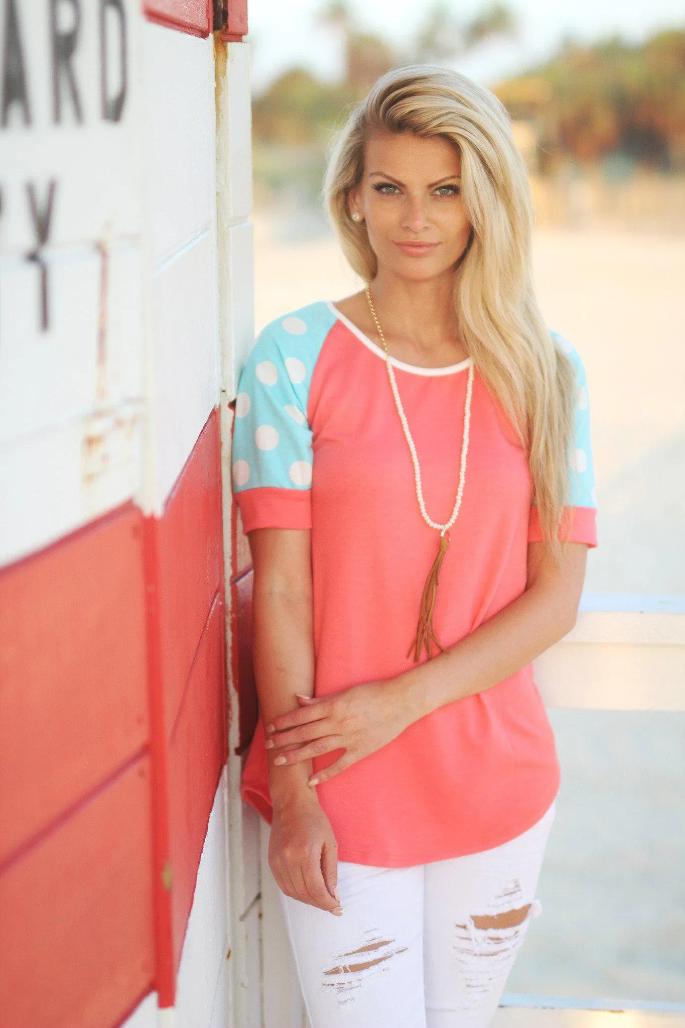 Aqua and Coral Top with Polka Dot Sleeves