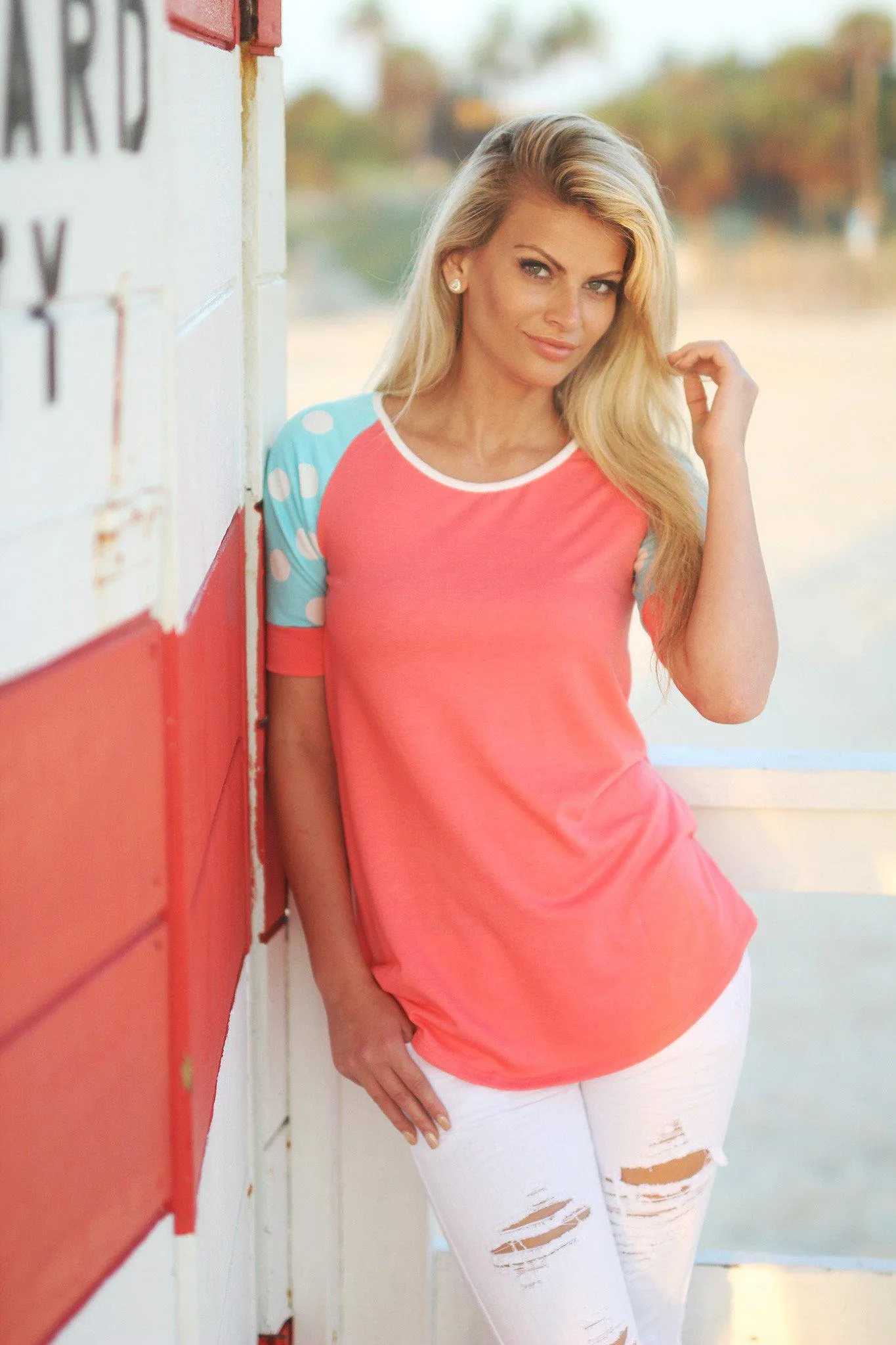 Aqua and Coral Top with Polka Dot Sleeves