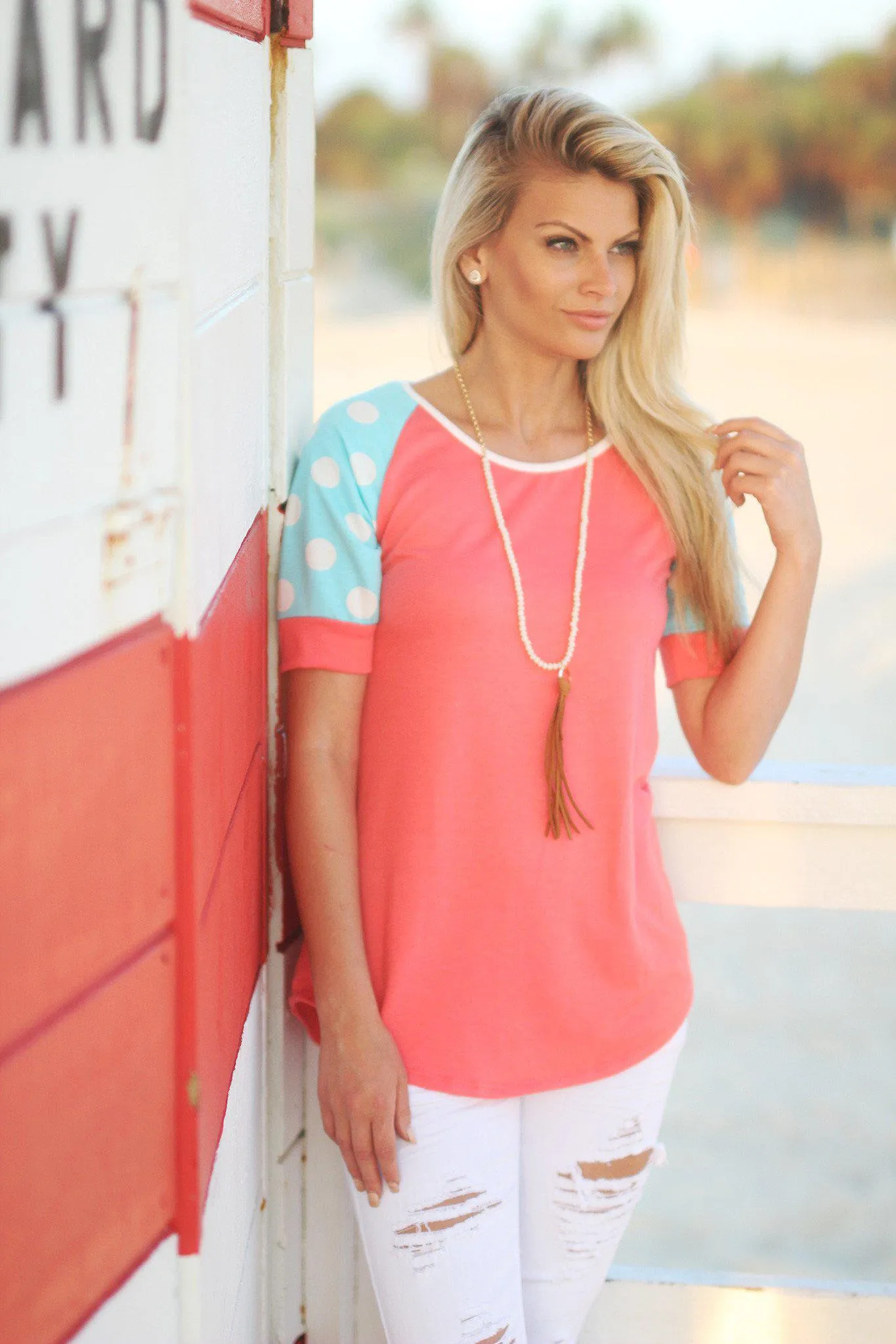 Aqua and Coral Top with Polka Dot Sleeves