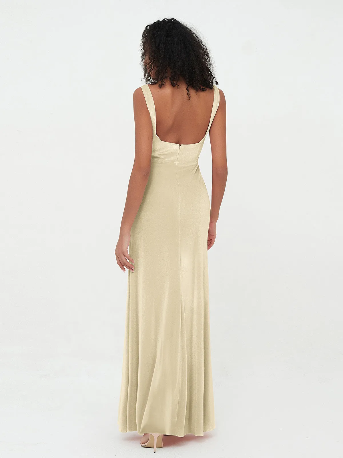 Bateau Neck Mermaid Long Velvet Dresses Champagne