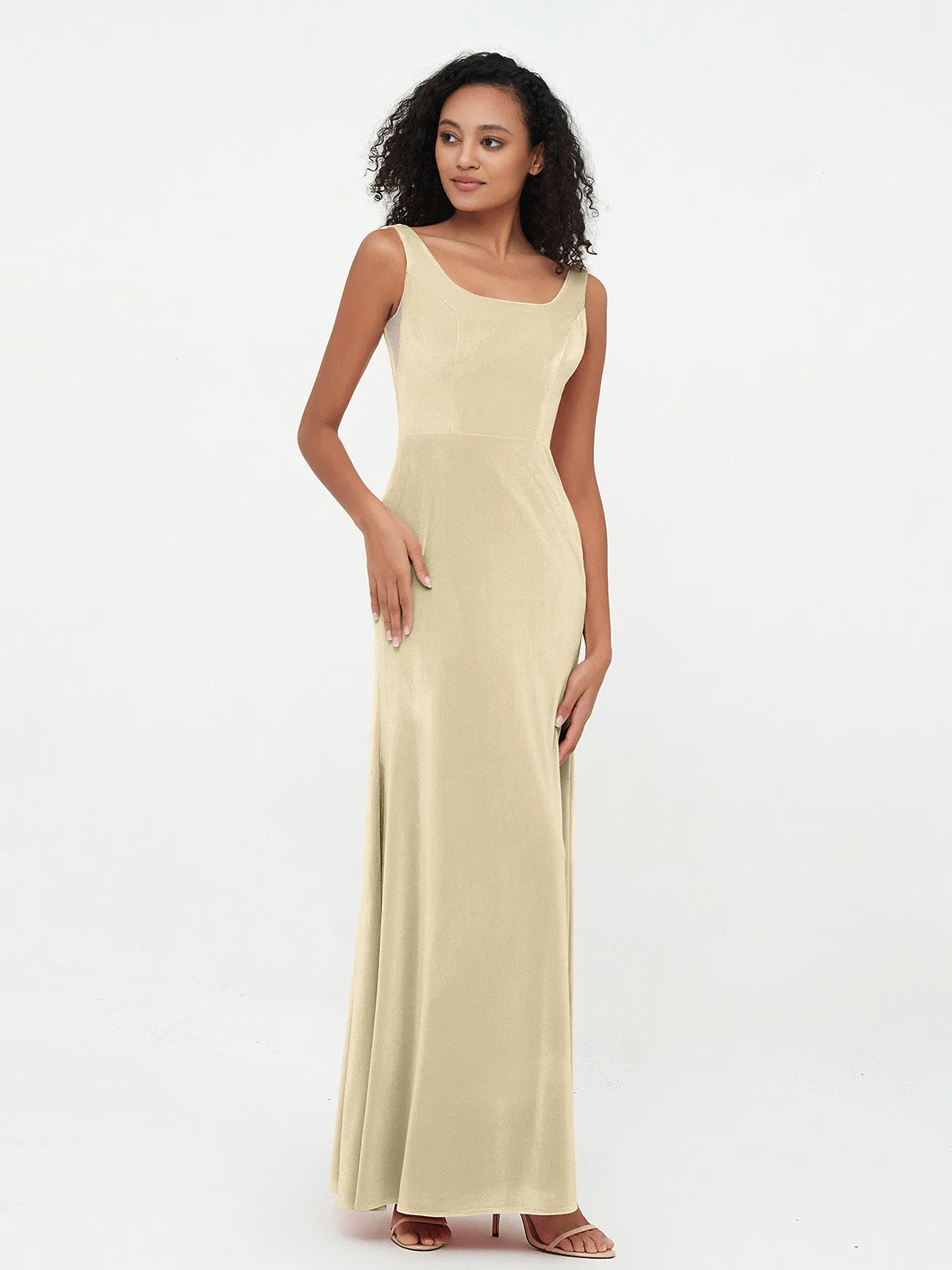 Bateau Neck Mermaid Long Velvet Dresses Champagne