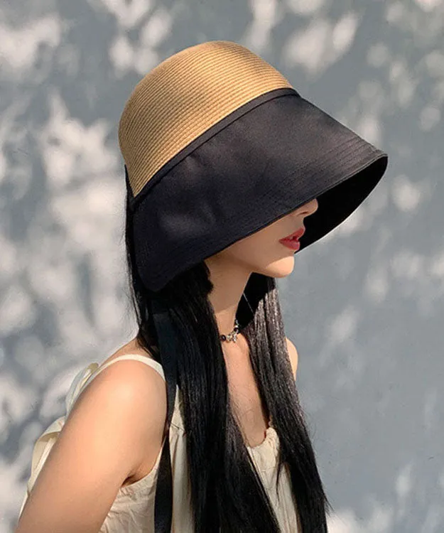 Beautiful Black Patchwork Bow Straw Woven Bucket Hat YU1018