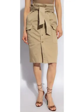 Beige Cargo Cotton Saharienne Safari Style Knee-Length Skirt