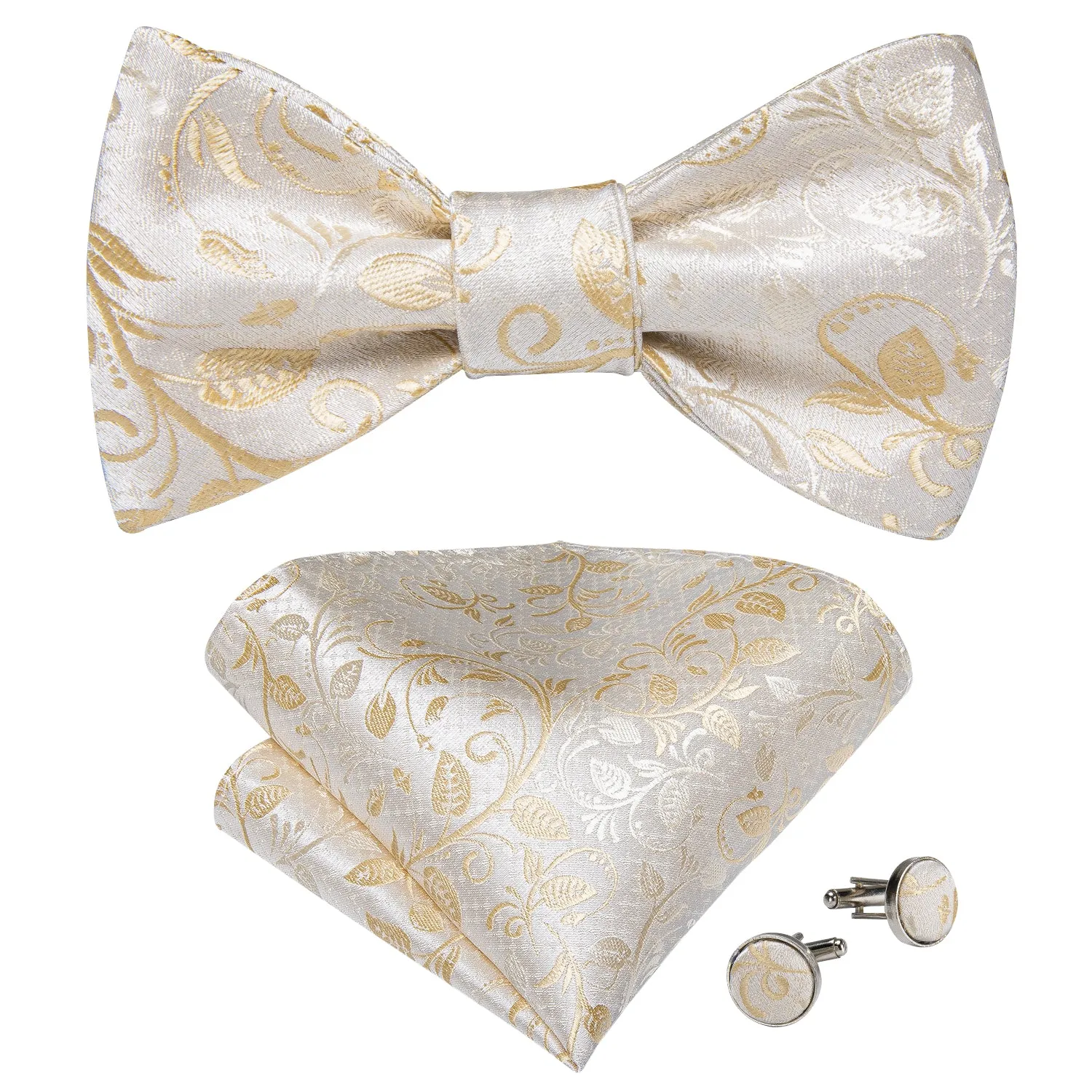 Beige Silk Self-Bowtie Pocket Square Cufflinks Set