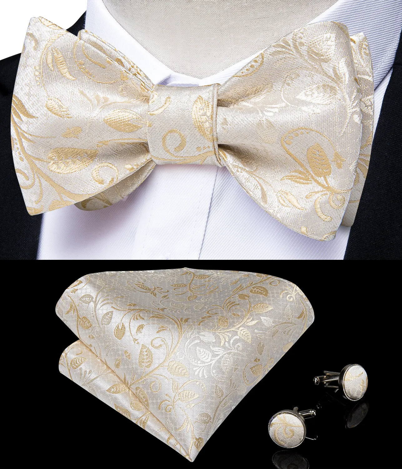 Beige Silk Self-Bowtie Pocket Square Cufflinks Set