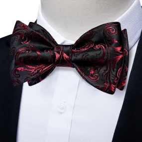 Black Red Floral Self-Bowtie Pocket Square Cufflinks Set