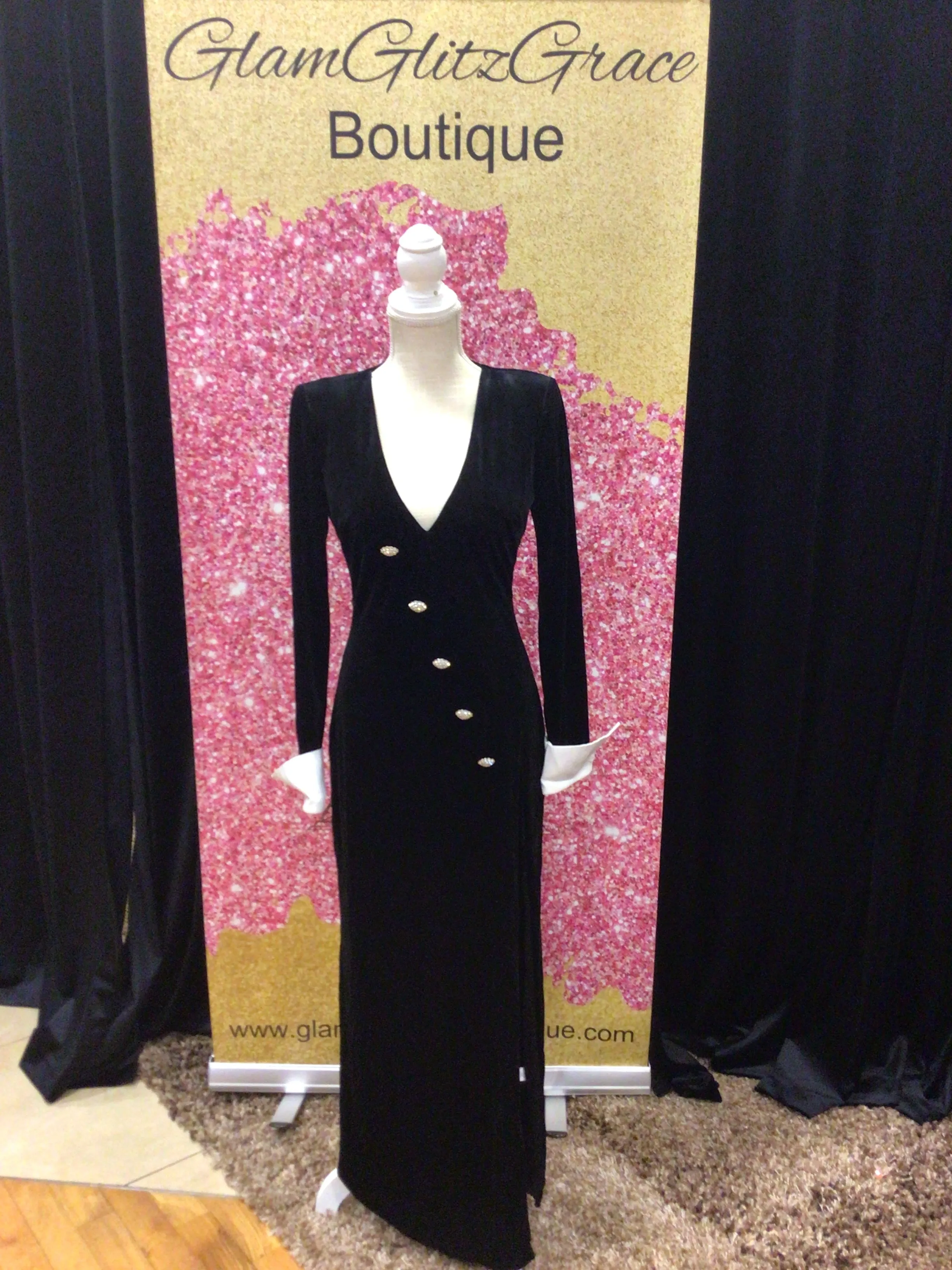 Black Velvet Long Sleeves Dress With High Slit