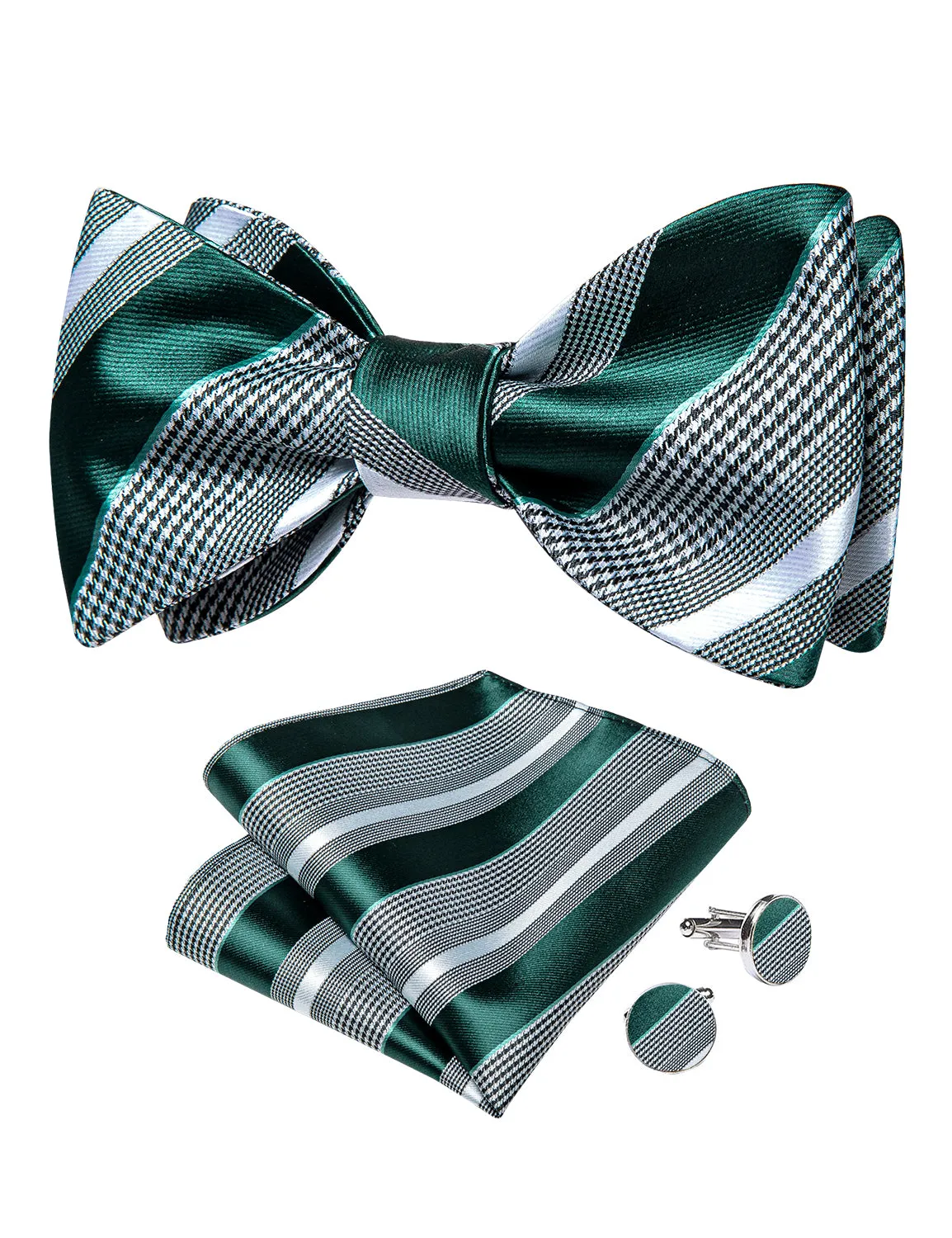 Black White Green Striped Self-Bowtie Pocket Square Cufflinks Set