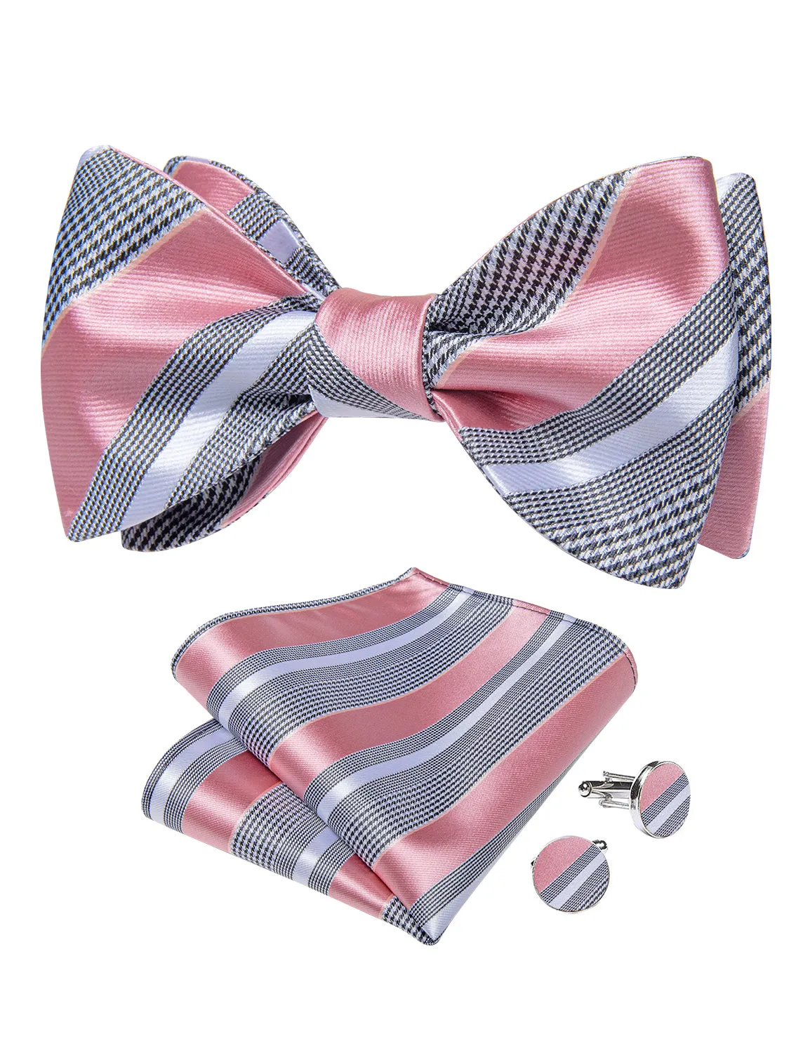 Black White Pink Striped Self-Bowtie Pocket Square Cufflinks Set