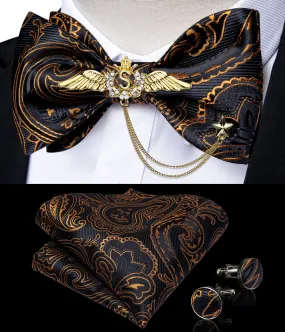 Black Yellow Paisley Self-Bowtie Pocket Square Cufflinks Wing Lapel Pin Brooch