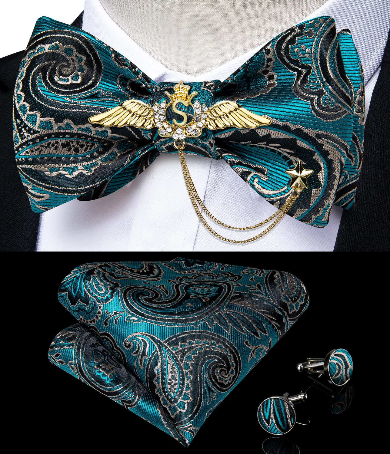 Blue Green Paisley Self-Bowtie Pocket Square Cufflinks With Wing Lapel Pin