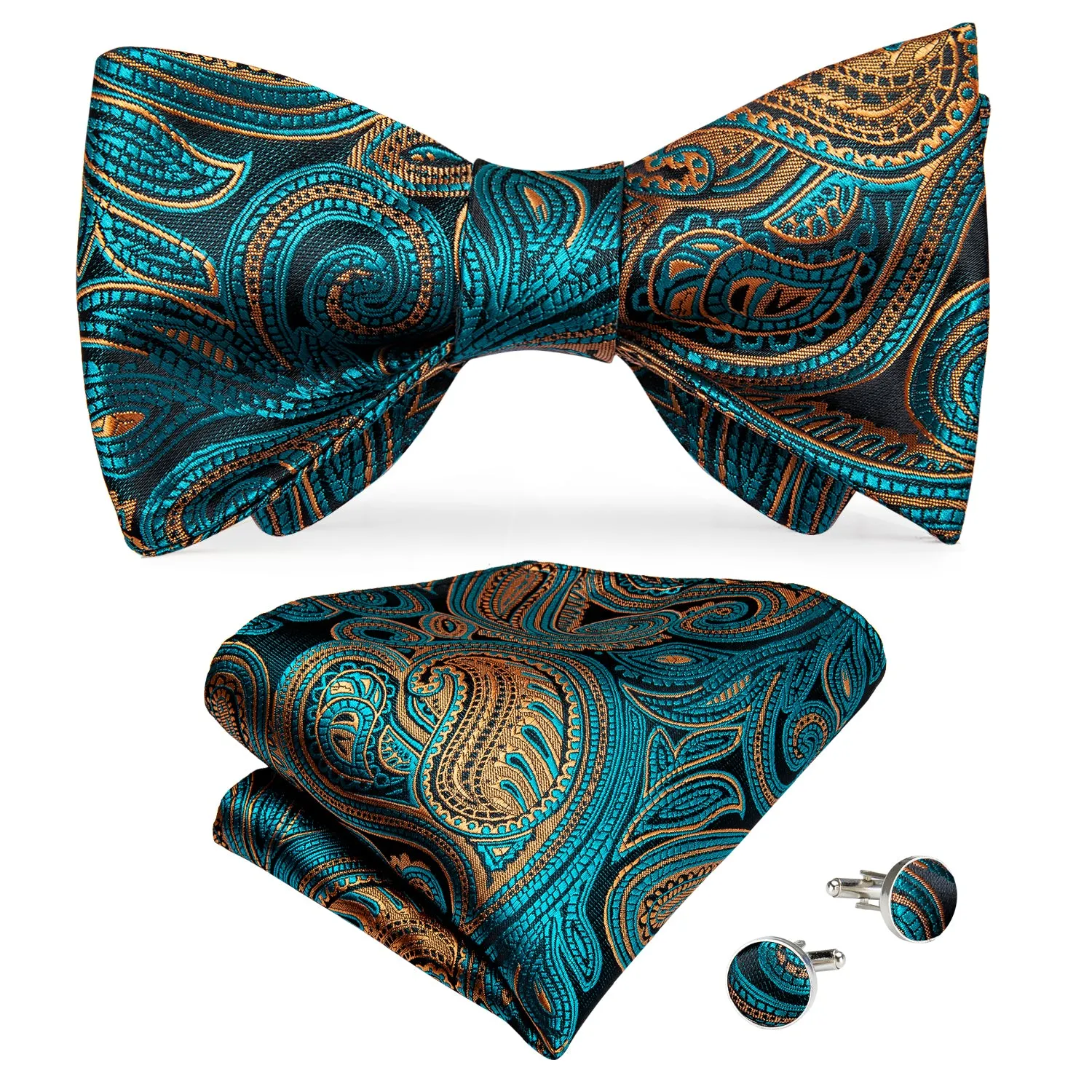 Blue Yellow Paisley Silk Self-Bowtie Pocket Square Cufflinks Set