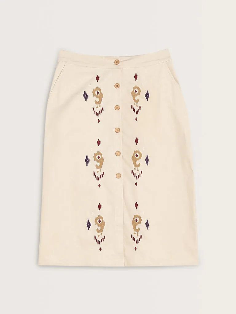 Bombay Paisley Light Beige Embroidered Cotton Blend Skirt