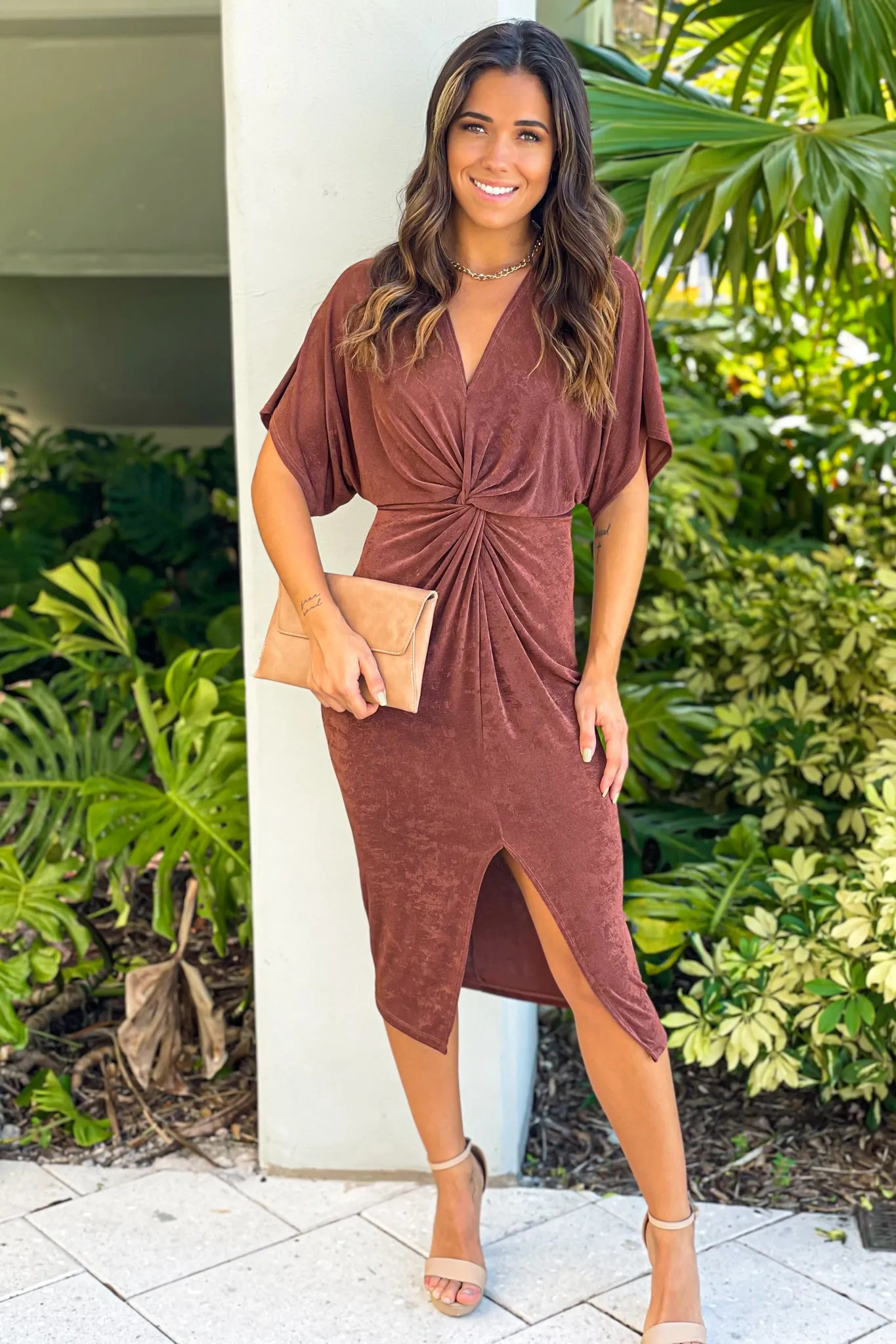 Brown Shimmer Midi Dress With Knot