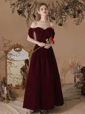 Classy Off The Shoulder Burgundy Velvet Prom Dress