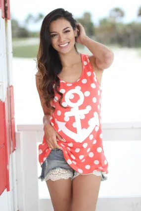 Coral Polka Dot Anchor Tank Top