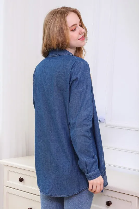 Denim Chambray Button Up Long Sleeve Top