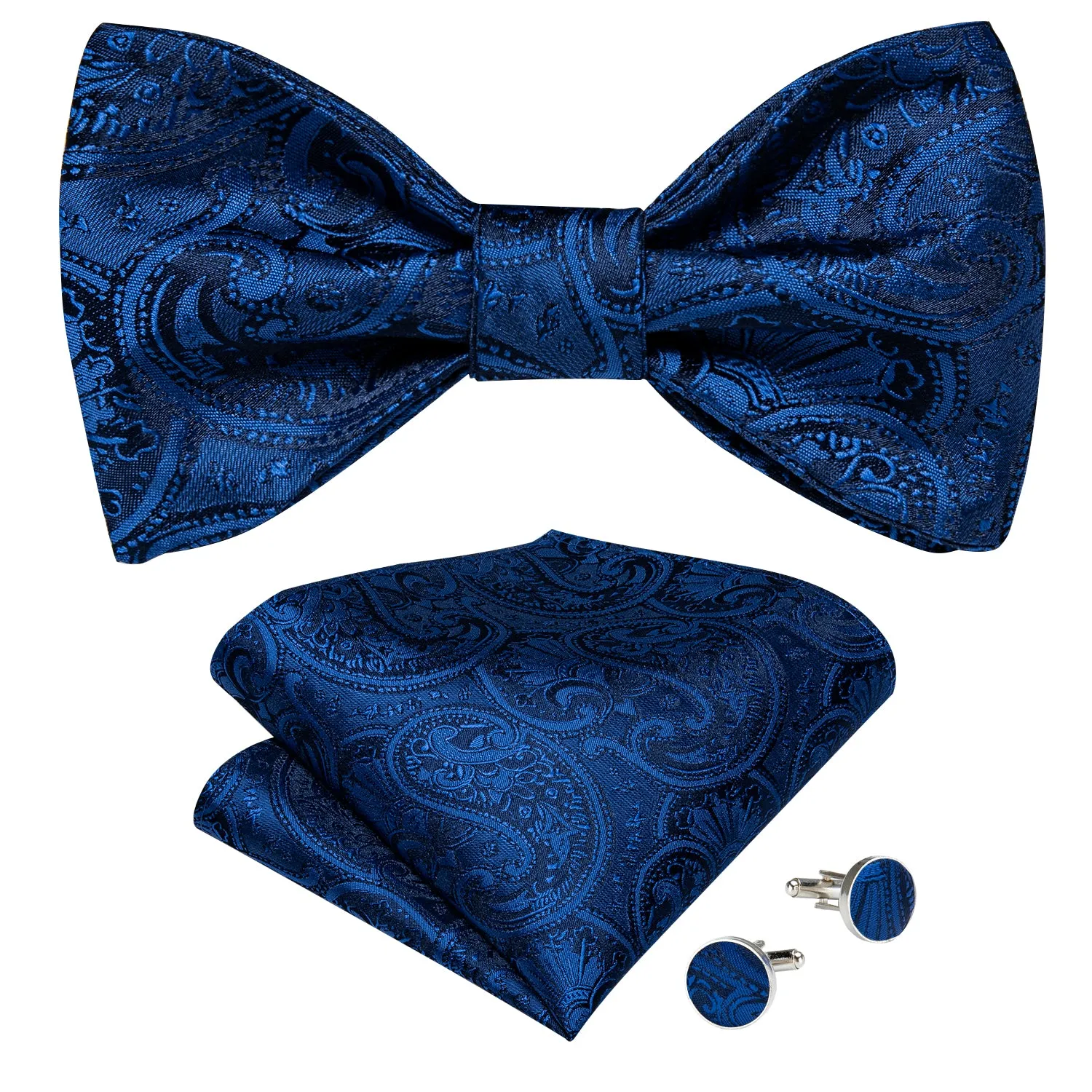 DiBanGu Mens Bow Tie Blue Paisley Silk Self-Bowtie Pocket Square Cufflinks Set