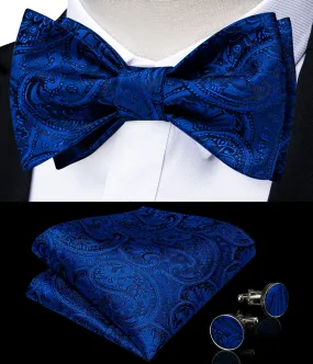 DiBanGu Mens Bow Tie Blue Paisley Silk Self-Bowtie Pocket Square Cufflinks Set