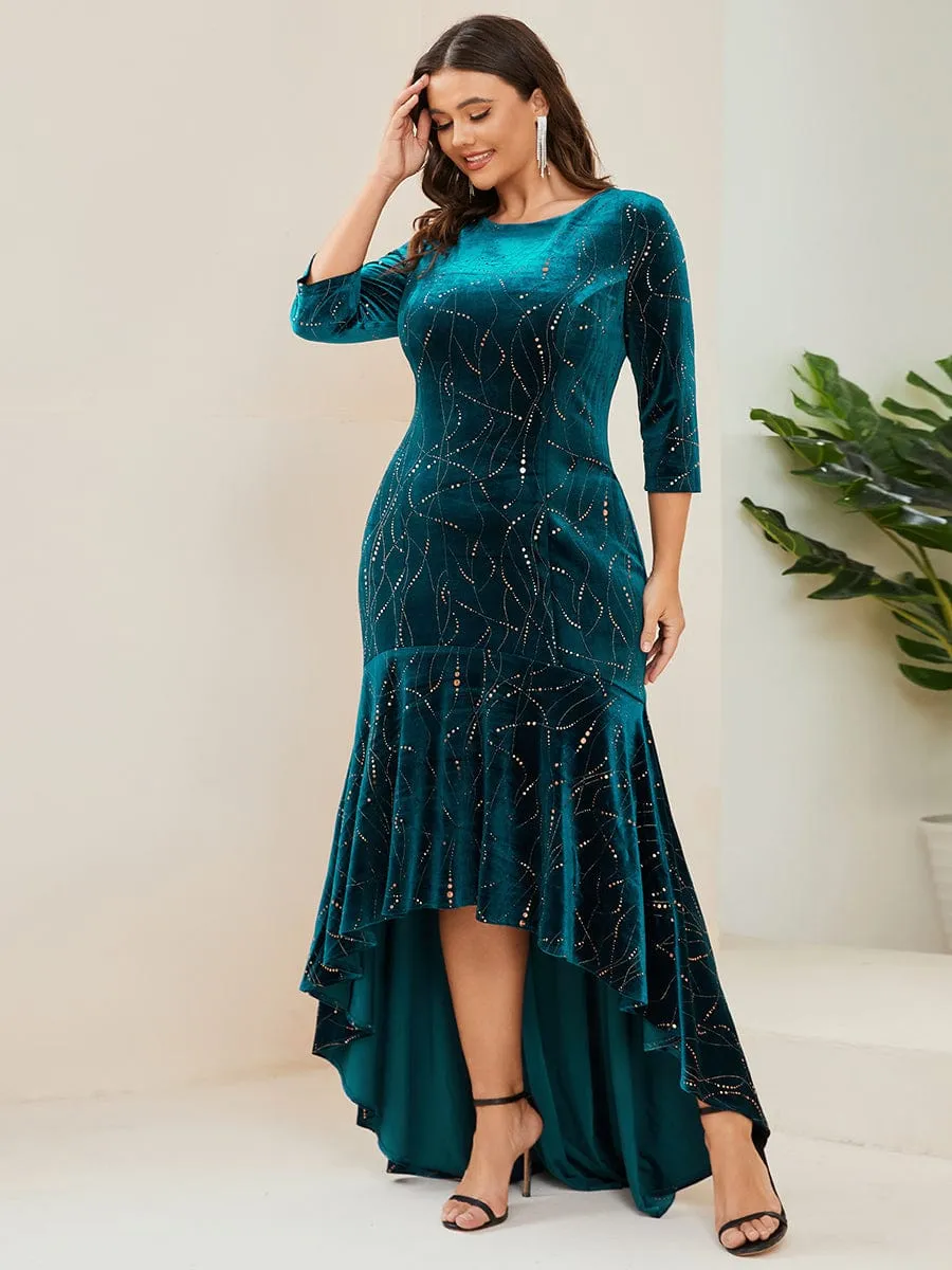 Elegant Plus Size Bodycon High-Low Formal Velvet Party Dress