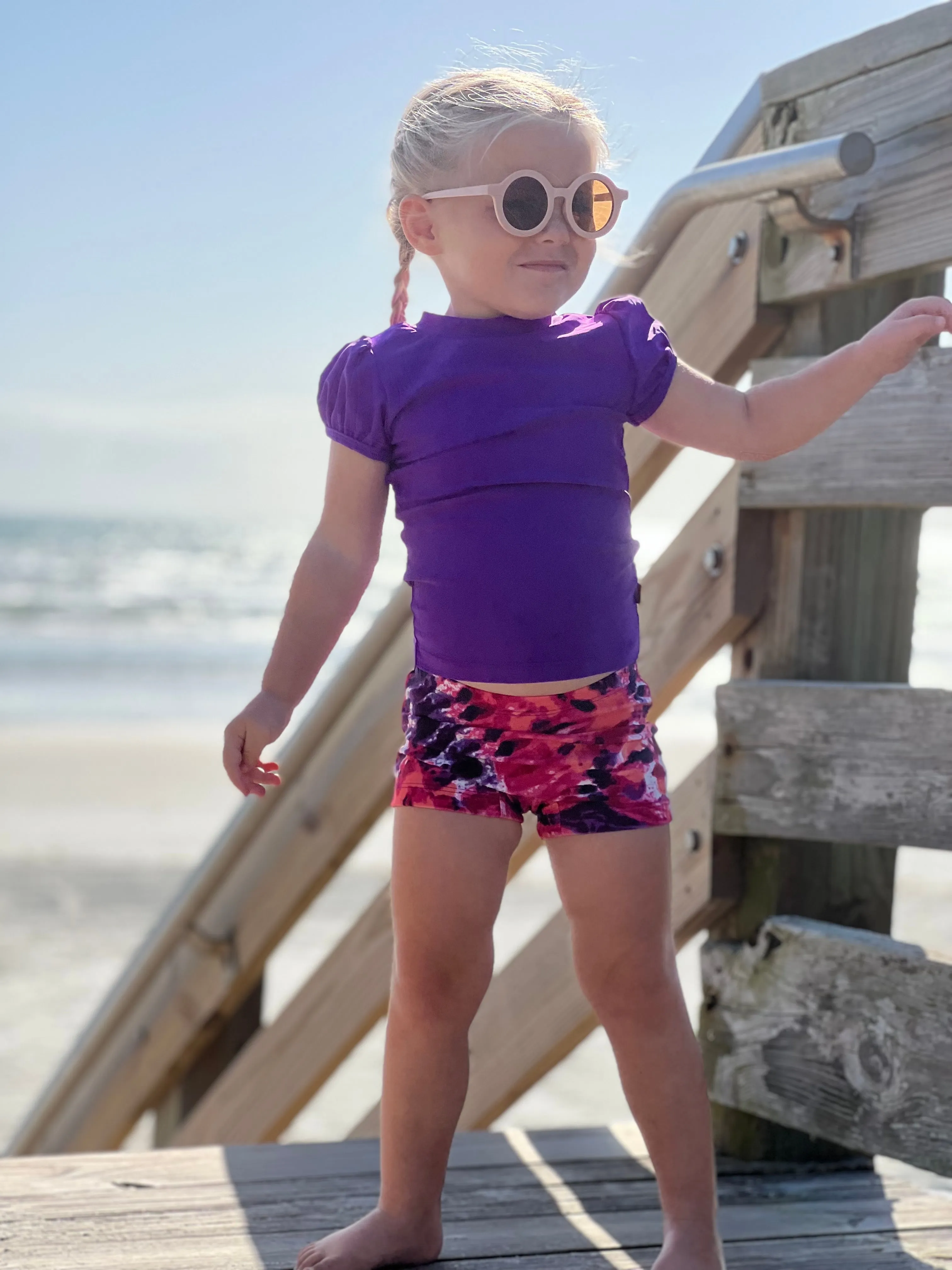 Girls UPF 50  Printed Swim Boy Shorts  | Red w- White Polka Dot