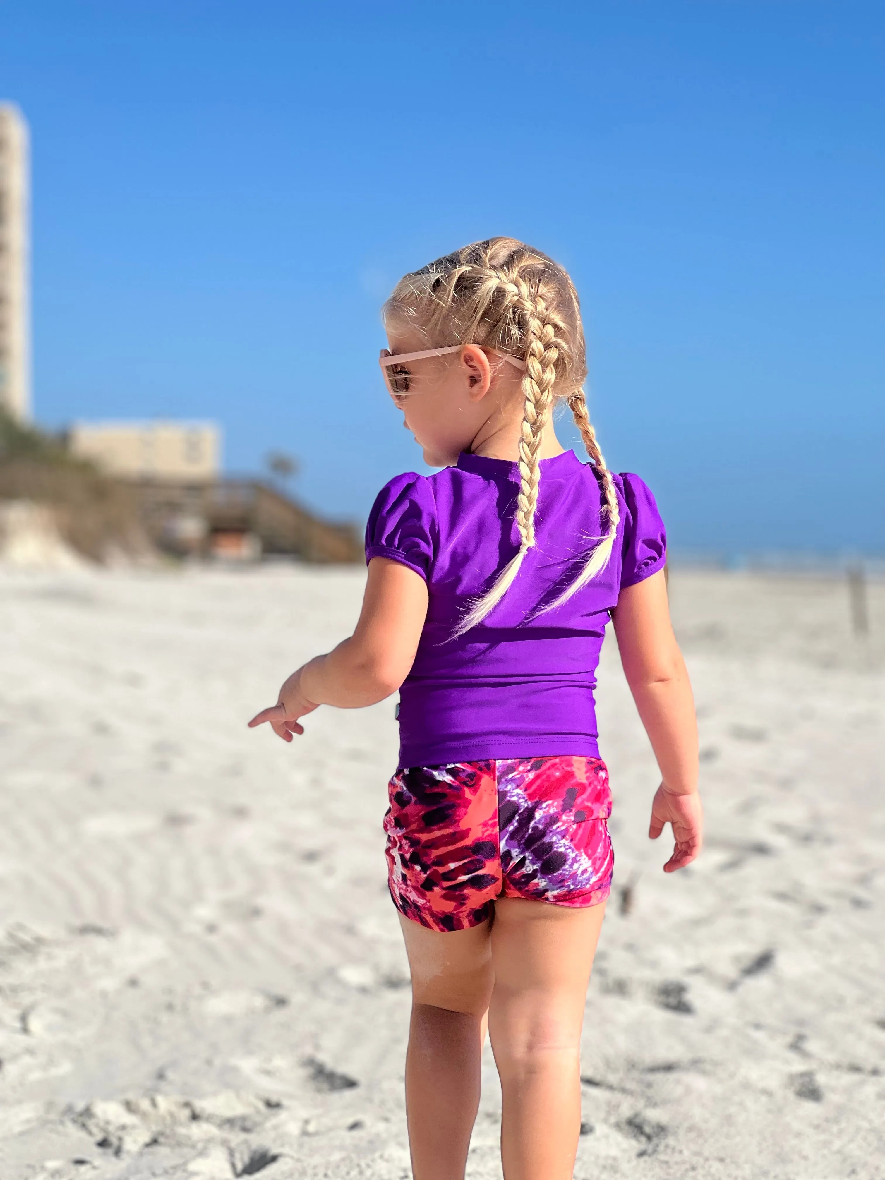 Girls UPF 50  Printed Swim Boy Shorts  | Sedona Blue