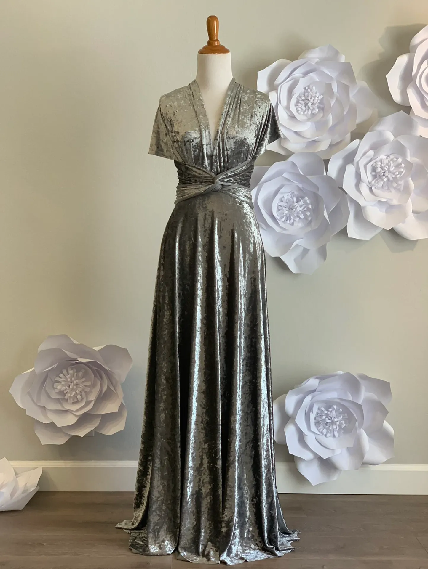 Grey Crushed Velvet Infinity Dress/ Wrap Convertible Bridesmaid Dress,J23-21