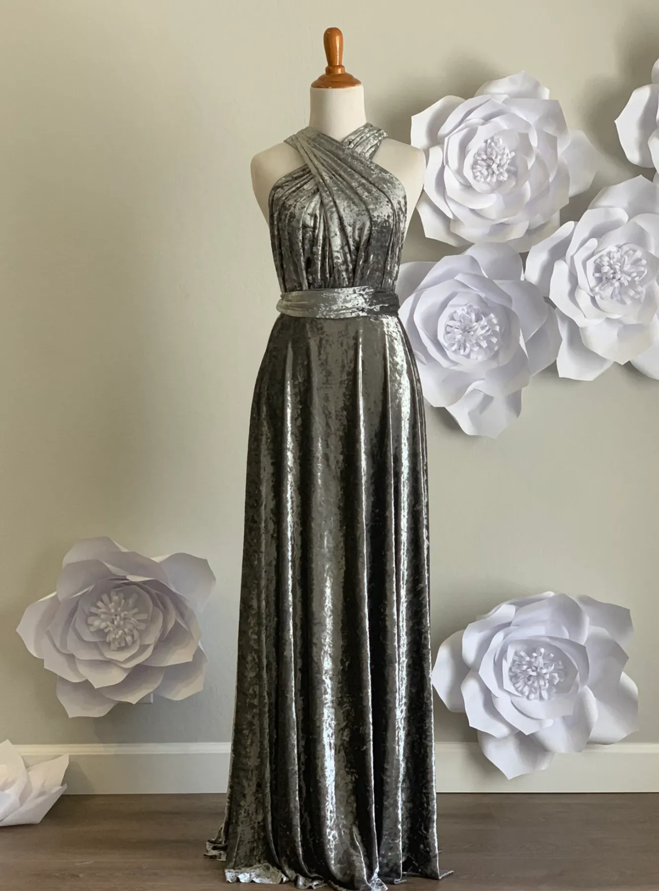 Grey Crushed Velvet Infinity Dress/ Wrap Convertible Bridesmaid Dress,J23-21