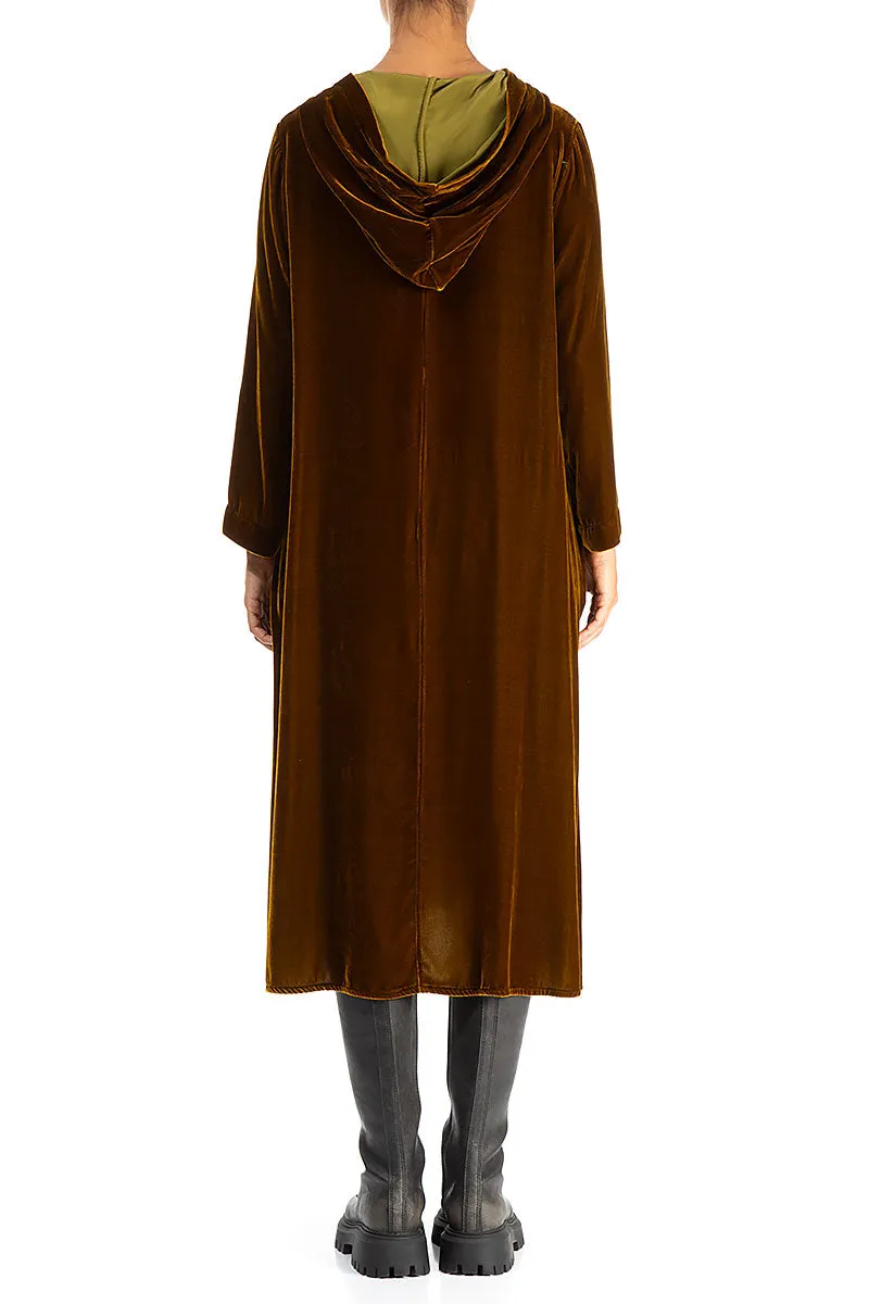 Hooded Golden Olive Silk Velvet Dress