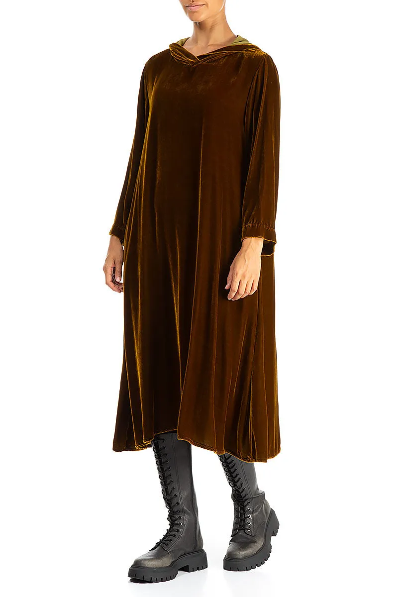 Hooded Golden Olive Silk Velvet Dress