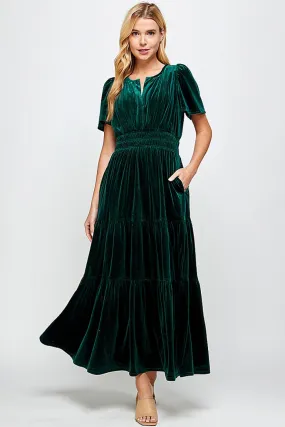 Hunter Green Velvet Tiered Midi Dress