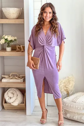 Lavender Shimmer Knot Front Midi Dress