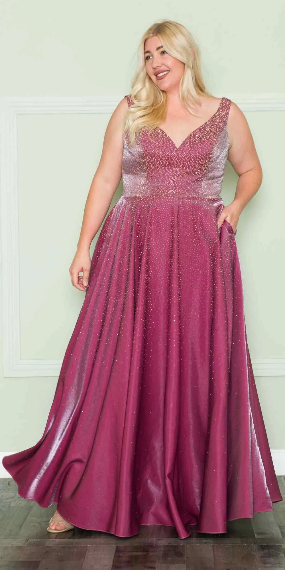 Lindas W1110 Iridescent Rhinestones Detail Full Length A-Line Dress with Pockets