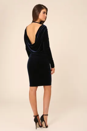 Milly Navy Velvet Backless Short Dress With Long Sleeves