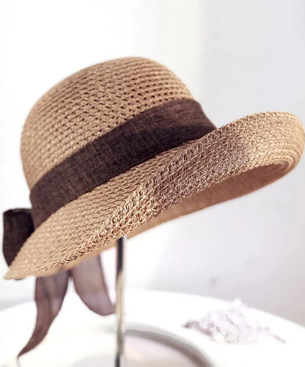 Modern Purple Bow Straw Woven Holiday Floppy Sun Hat