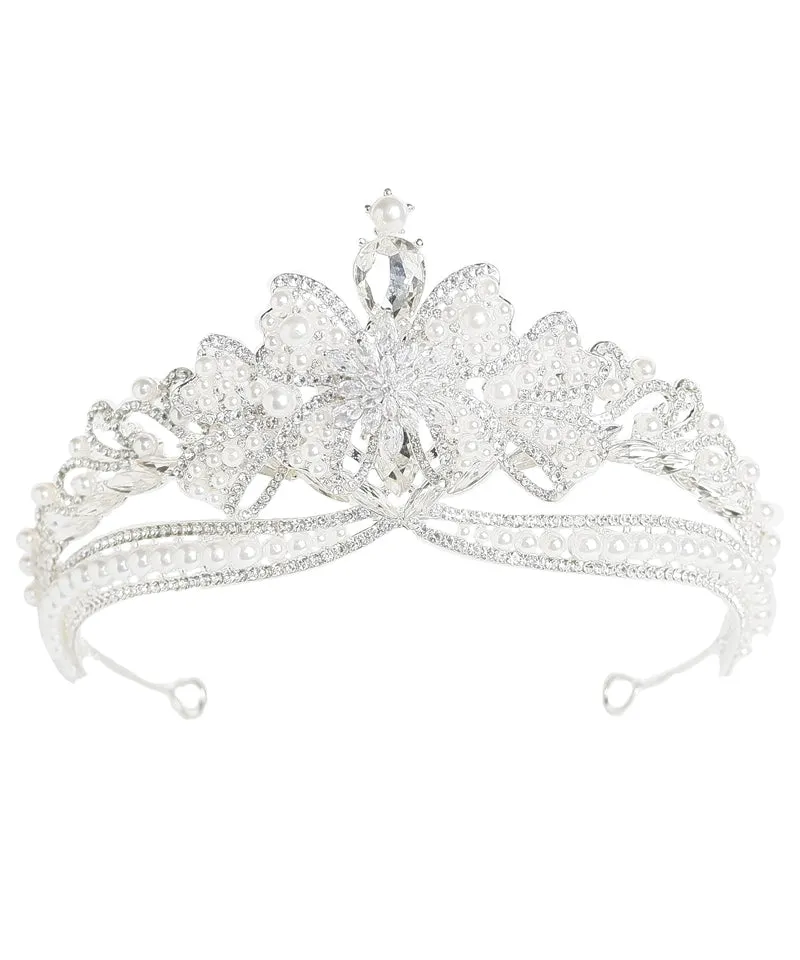 Modern Silk Alloy Zircon Pearl Bow Girl Crown IU056