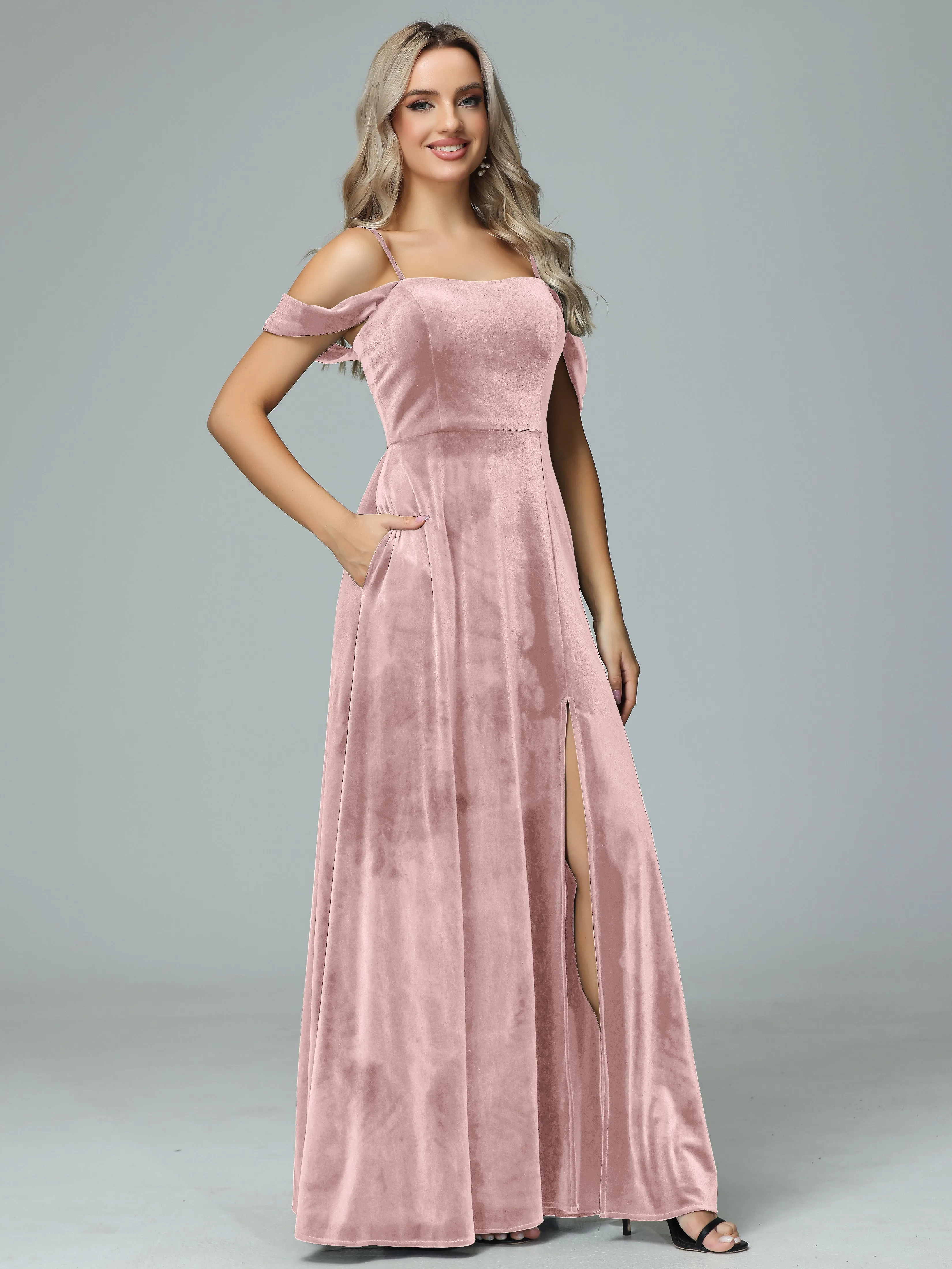 Off the Shoulder Straps Velvet Bridesmaid Dresses with Pockets