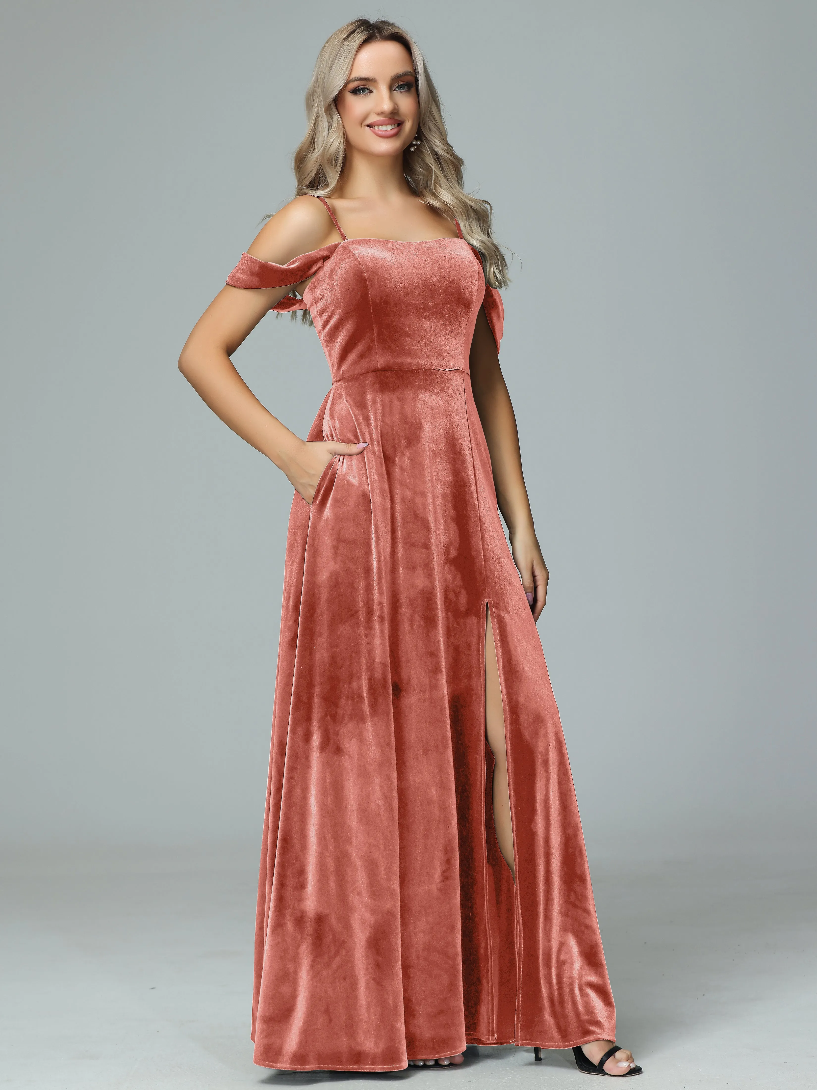 Off the Shoulder Straps Velvet Bridesmaid Dresses with Pockets