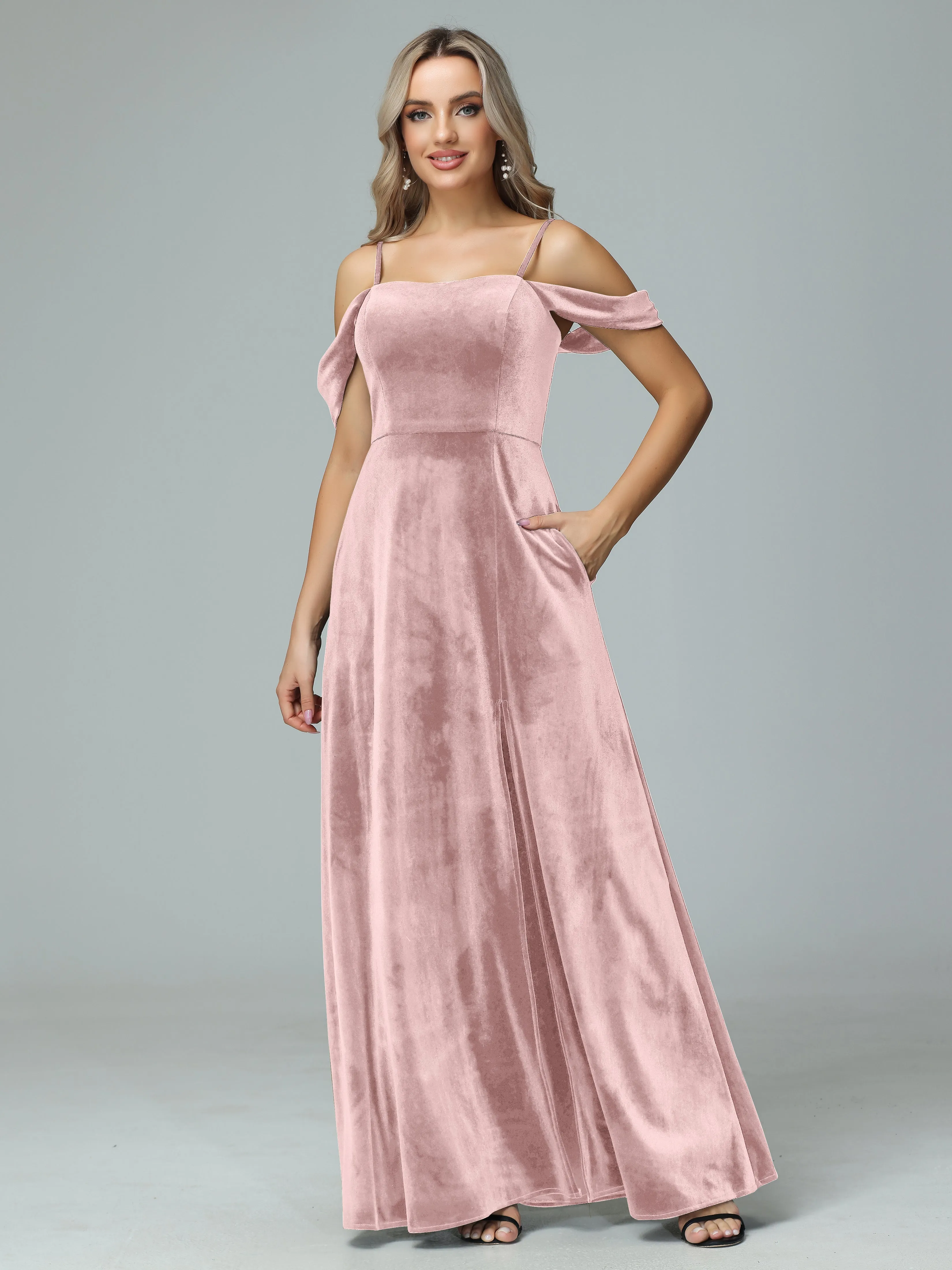 Off the Shoulder Straps Velvet Bridesmaid Dresses with Pockets