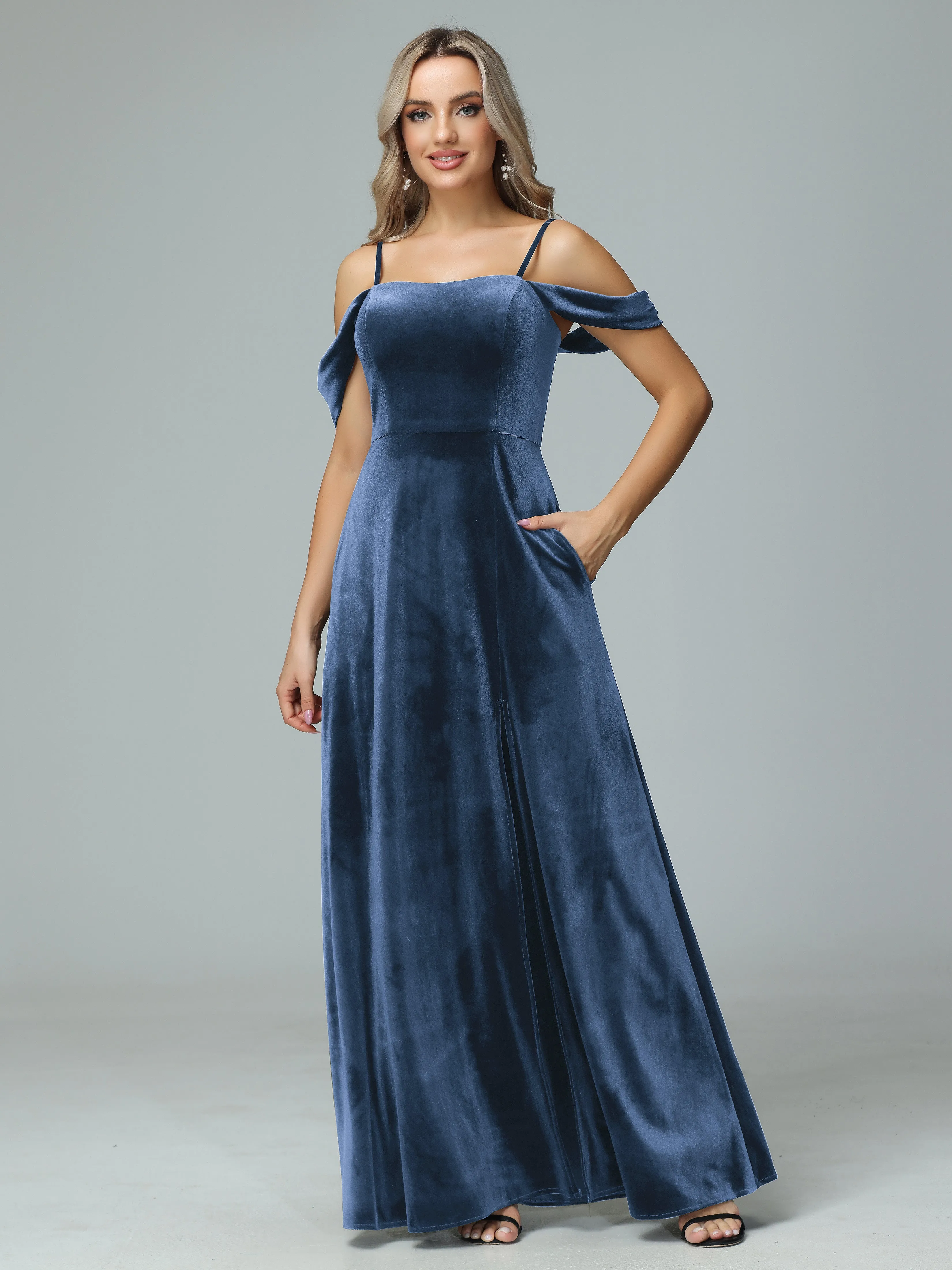 Off the Shoulder Straps Velvet Bridesmaid Dresses with Pockets