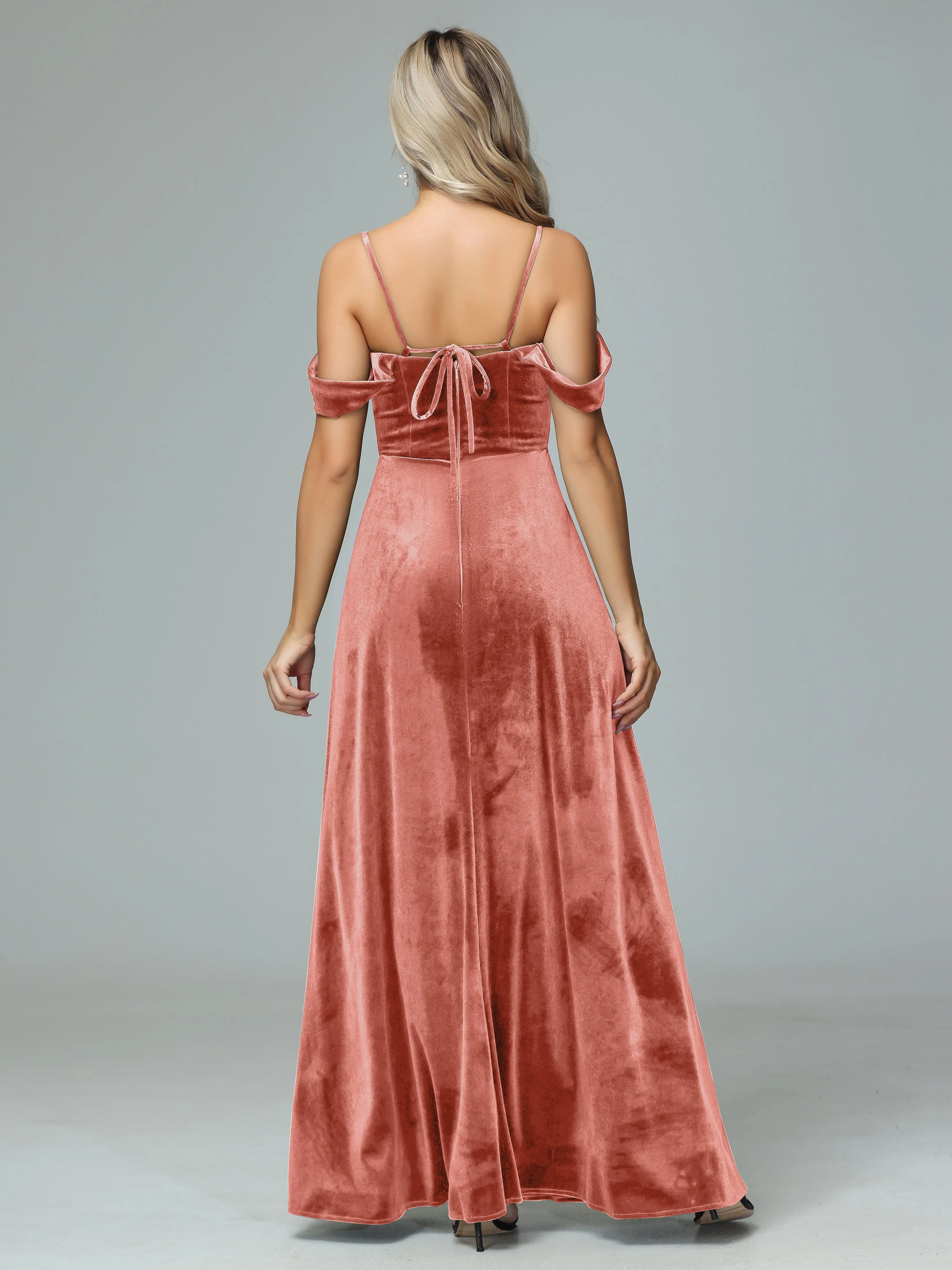 Off the Shoulder Straps Velvet Bridesmaid Dresses with Pockets