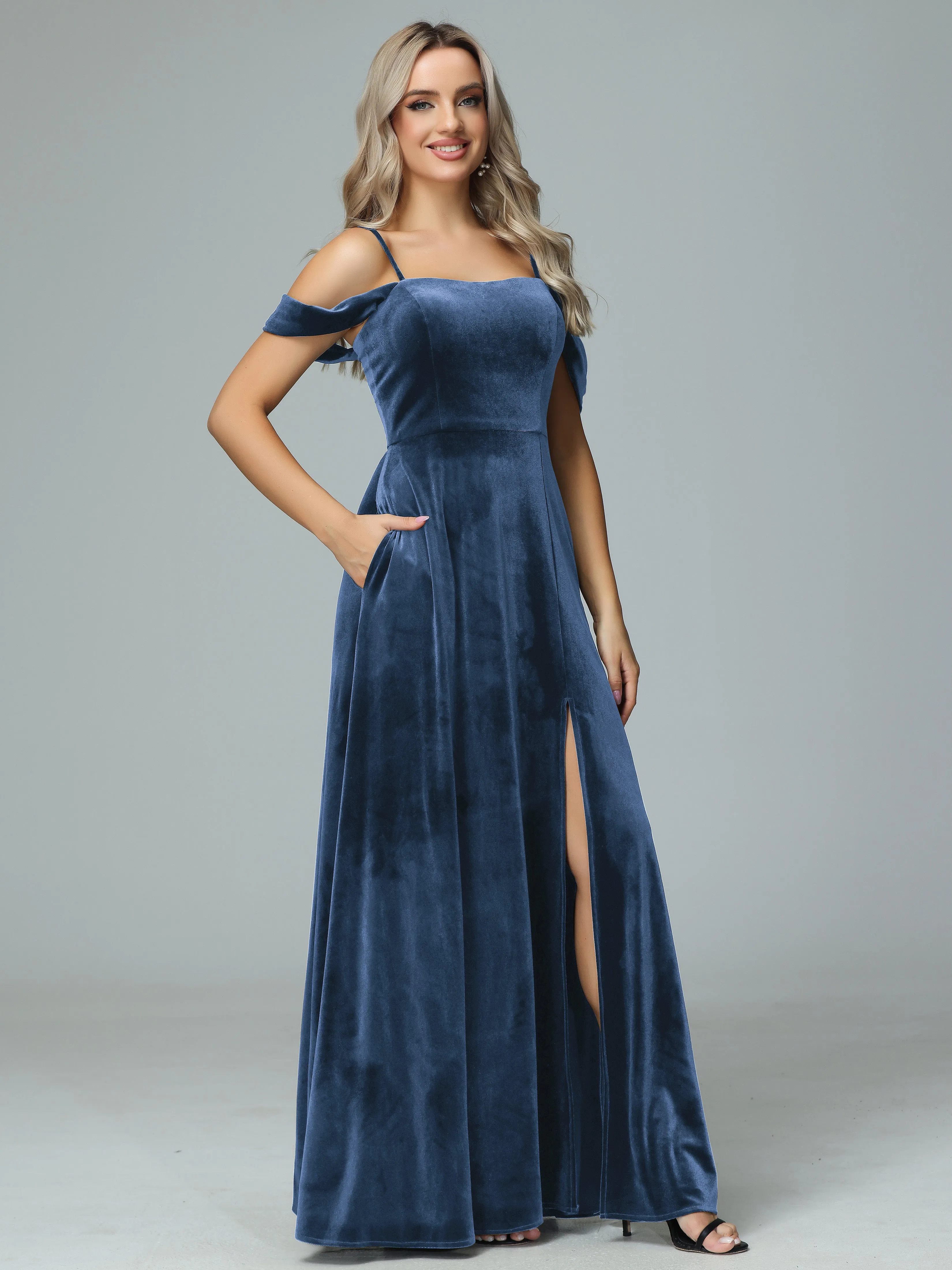 Off the Shoulder Straps Velvet Bridesmaid Dresses with Pockets