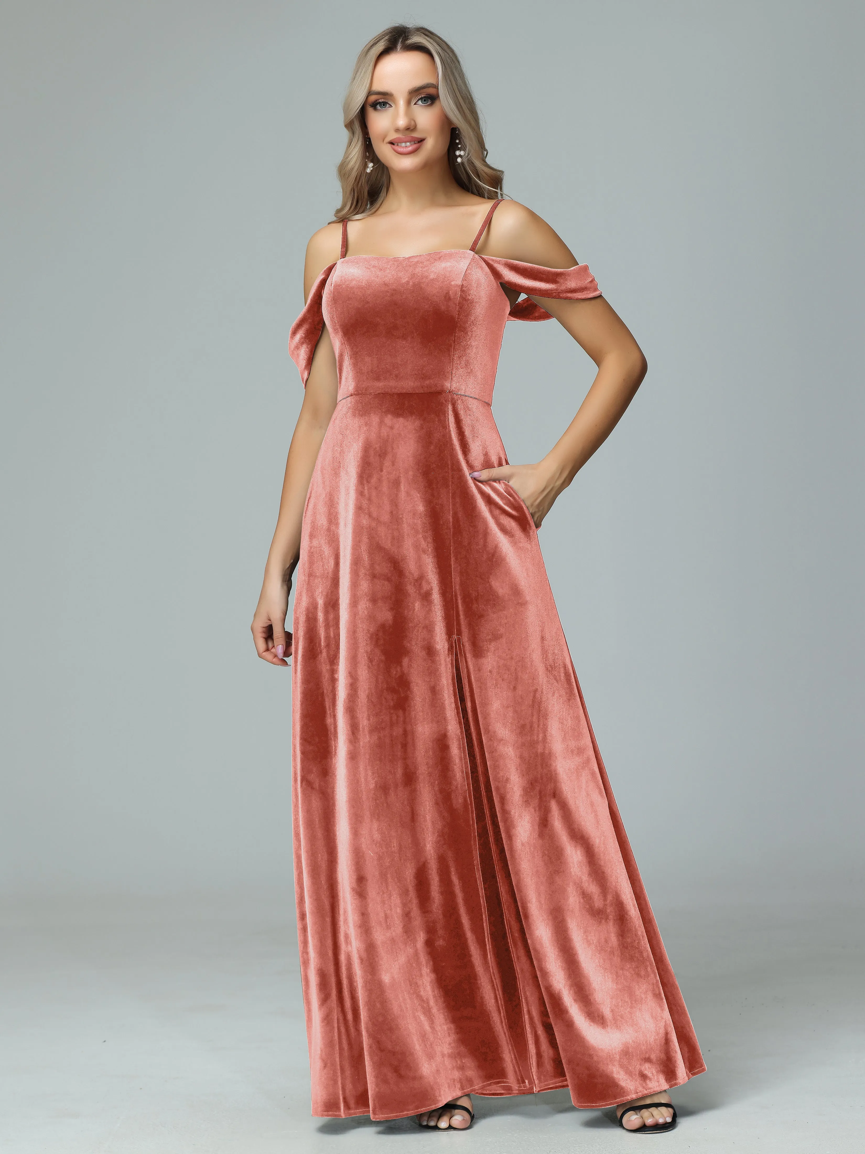 Off the Shoulder Straps Velvet Bridesmaid Dresses with Pockets