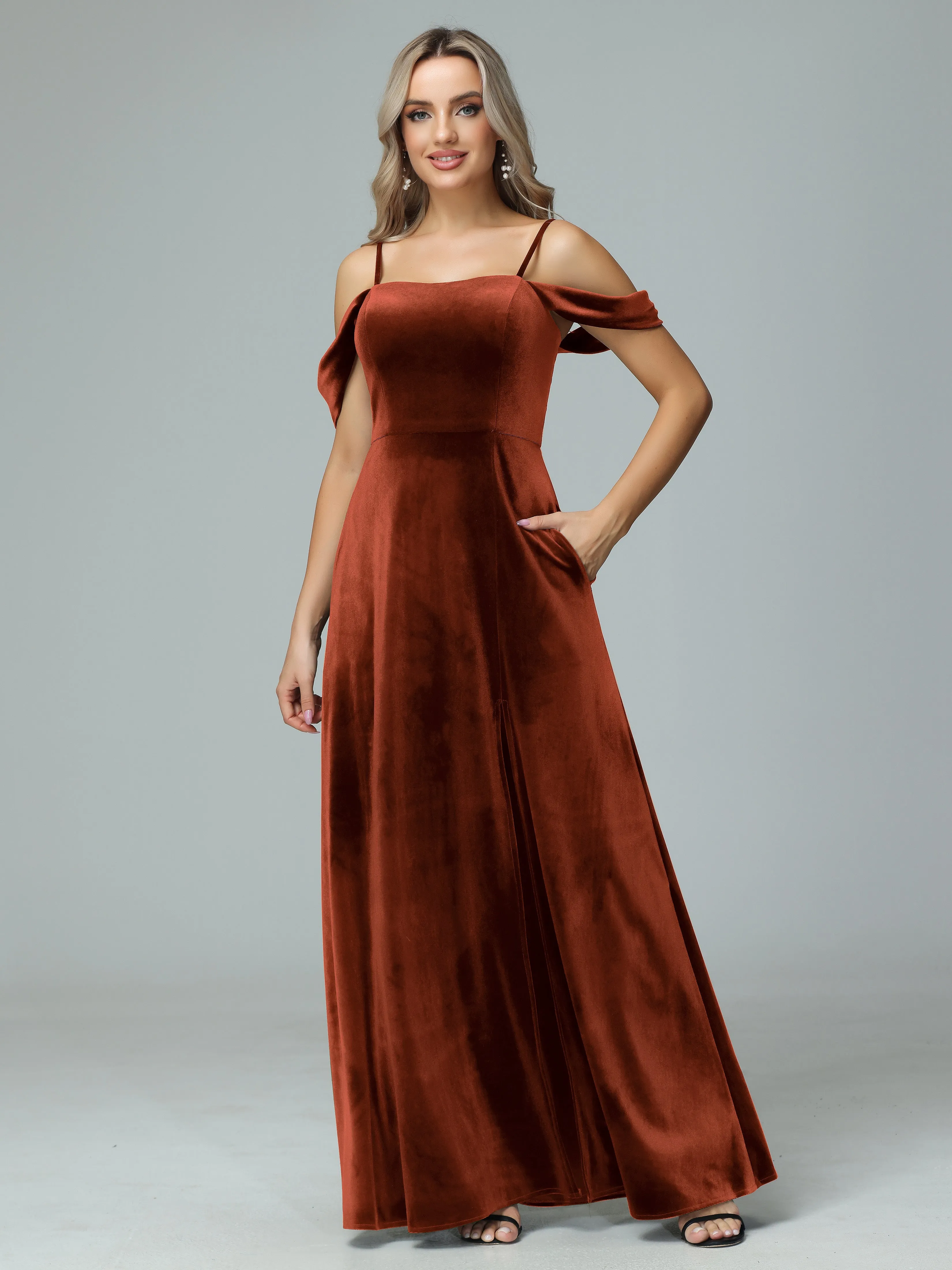 Off the Shoulder Straps Velvet Bridesmaid Dresses with Pockets